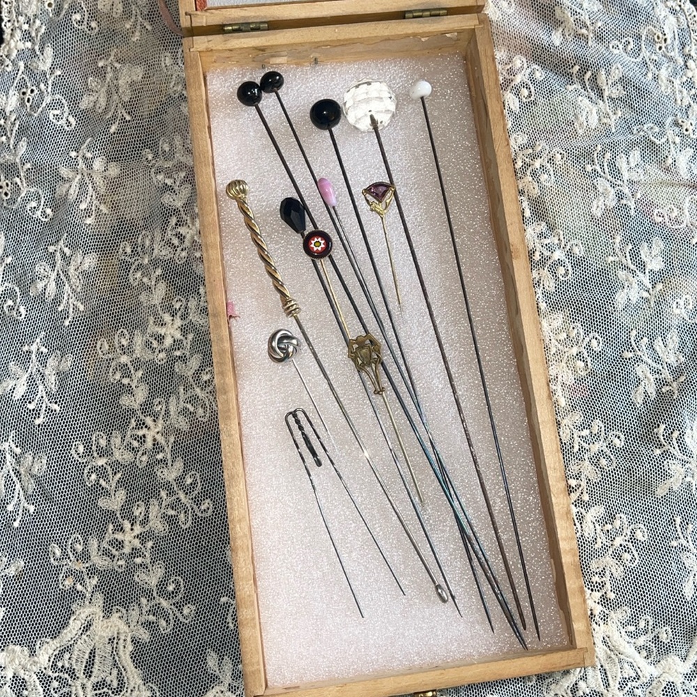 Antique Box with 13 Stick Hat Pins Scepter Vintage Glass Black Clear Colors